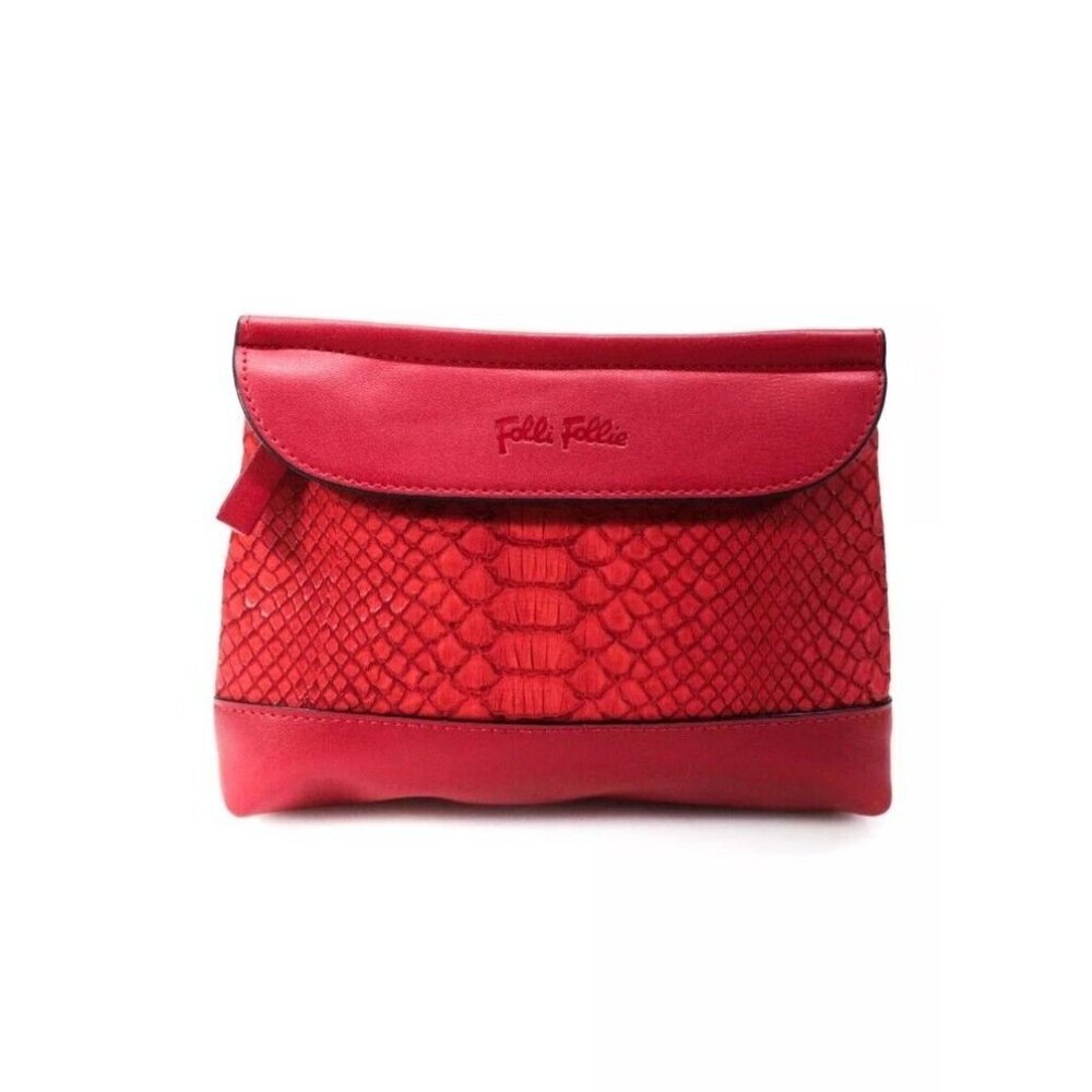 Folli Follie Embossed Faux Leather  Small Cosmetic Case Pouch Red Zipper NWOT